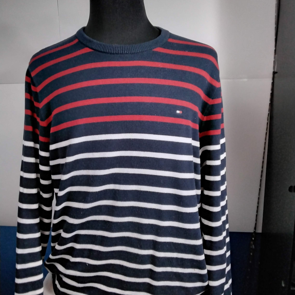 Tommy Hilfiger Navy and Red Striped Crewneck Sweater